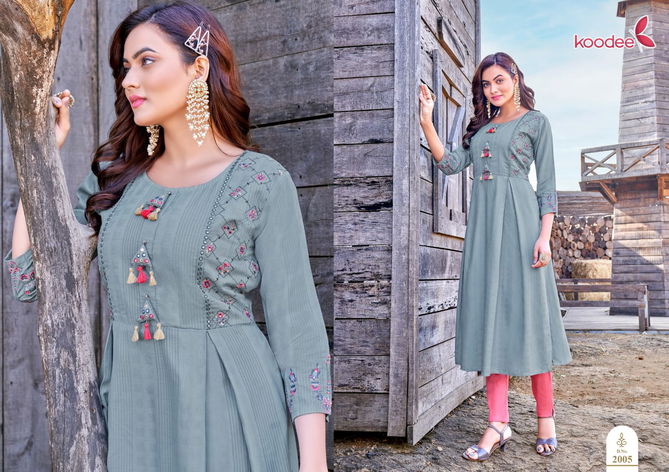 Morni Vol 2 By Koodee Rayon Embroidery Designer Kurtis Wholesale Shop In Surat